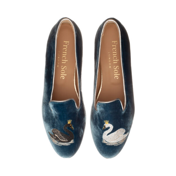 french sole Hefner Blue Velvet Black & White Swan Embroidery (HFF1155)