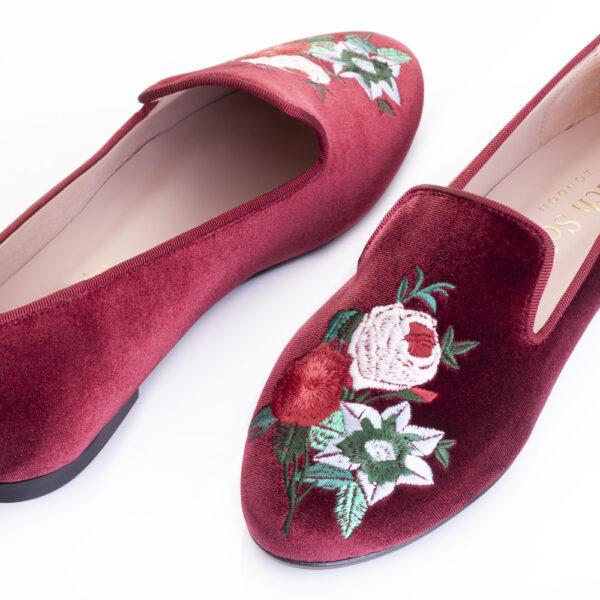 French Sole Hefner Burgundy Velvet Floral Embroidery (HFF206)