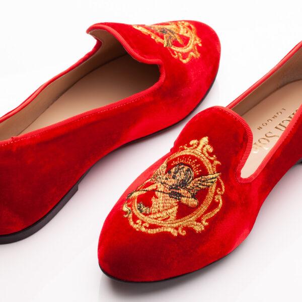 French Sole Hefner Red Velvet Gold Cherub Embroidery (HFF221)