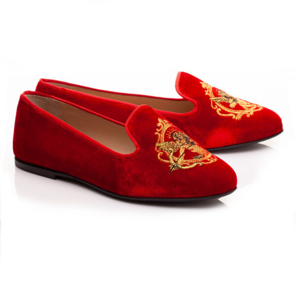 French Sole Hefner Red Velvet Gold Cherub Embroidery (HFF221)