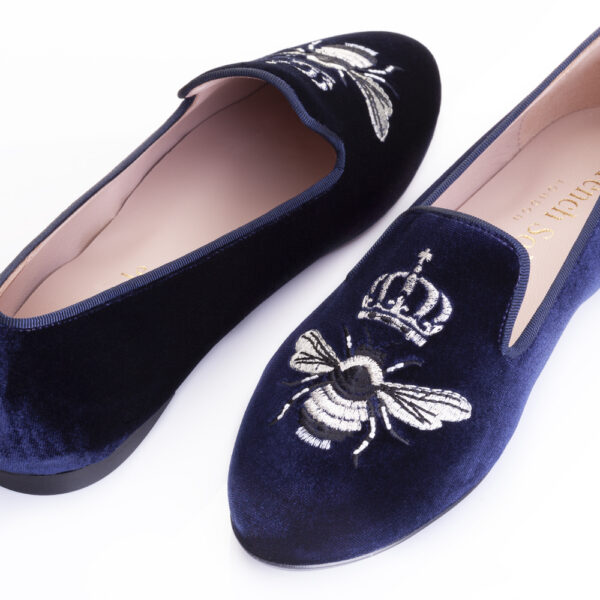 French Sole Hefner Royal Dark Blue Velvet Silver Queen Bee Embroidery (HFF1098)