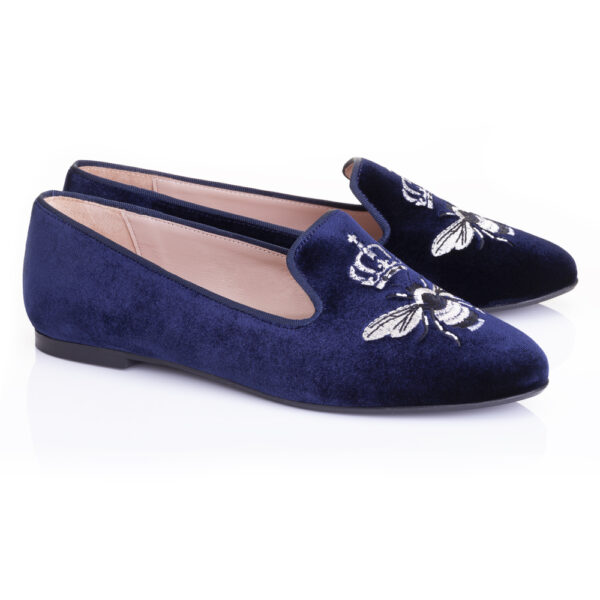 French Sole Hefner Royal Dark Blue Velvet Silver Queen Bee Embroidery (HFF1098)
