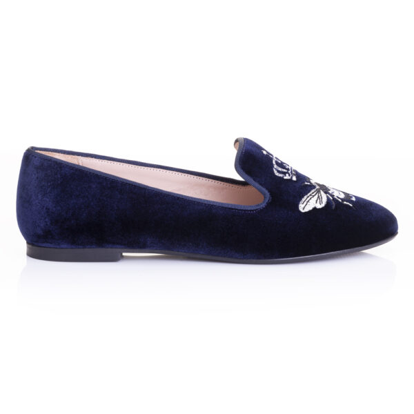 French Sole Hefner Royal Dark Blue Velvet Silver Queen Bee Embroidery (HFF1098)