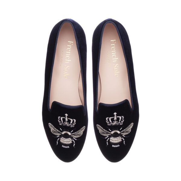 french sole Hefner Royal Dark Blue Velvet Silver Queen Bee Embroidery (HFF1098)