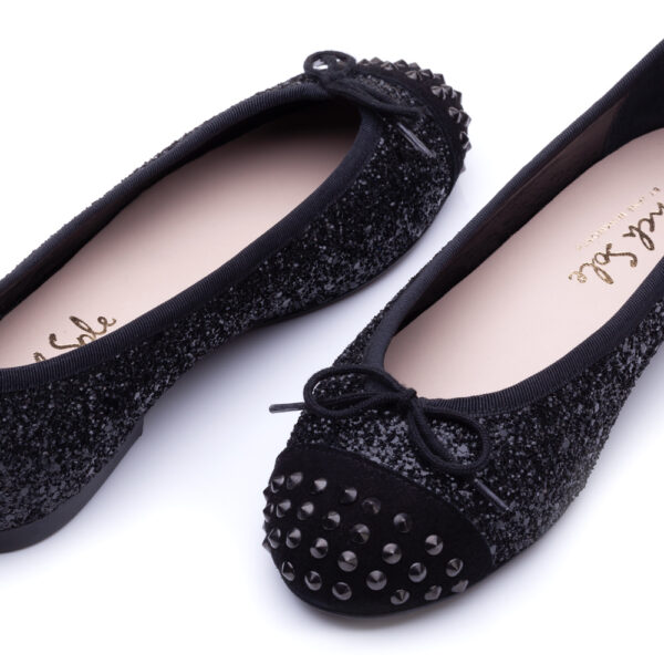 French Sole Henrietta Black Glitter Silver Spike Studs Leather (HET02)