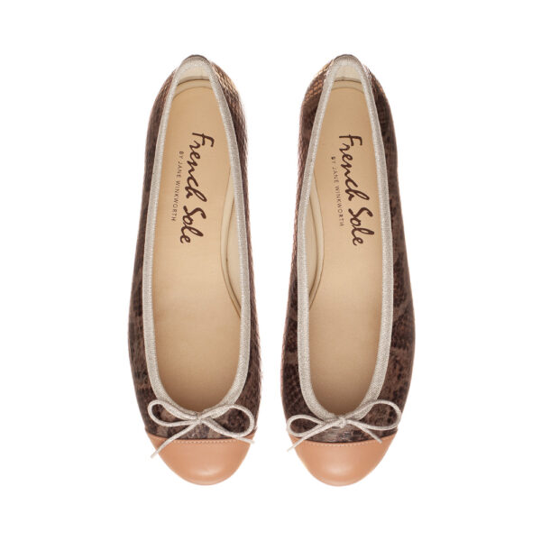 french sole Henrietta Brown Snake with Pale Pink Toe Cap and Silver Trim (HE1083)