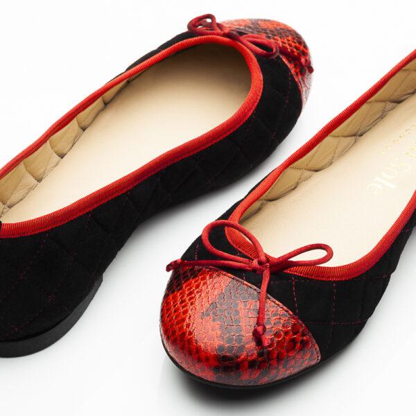 French Sole Lola Black Quilted Red Snake Toe Leather (LAQ09)