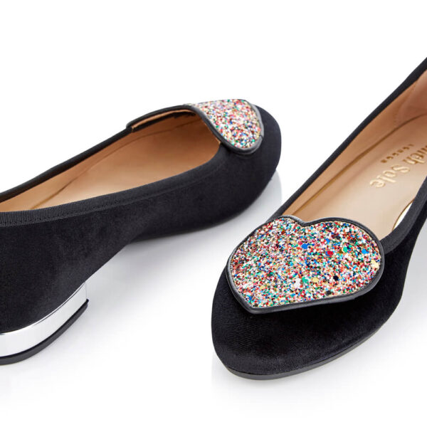 French Sole Love Heart Black Velvet Multi Glitter Heart (LH1057)