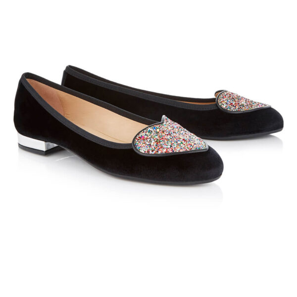 French Sole Love Heart Black Velvet Multi Glitter Heart (LH1057)