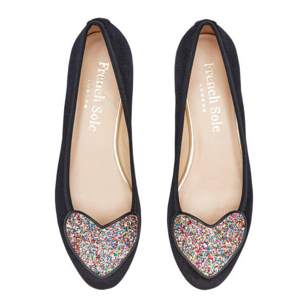 french sole Love Heart Black Velvet Multi Glitter Heart (LH1057)