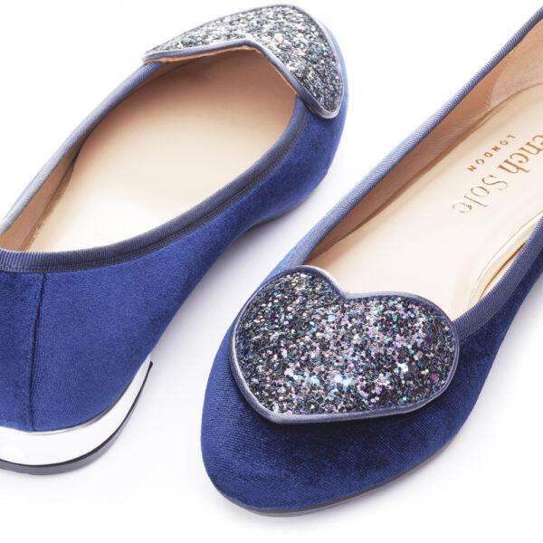 French Sole Love Heart Navy Velvet Navy Glitter Heart (LH39)