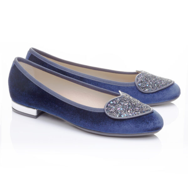 French Sole Love Heart Navy Velvet Navy Glitter Heart (LH39)