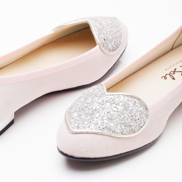 French Sole Love Heart Pink Suede Silver Glitter Heart (LH20)