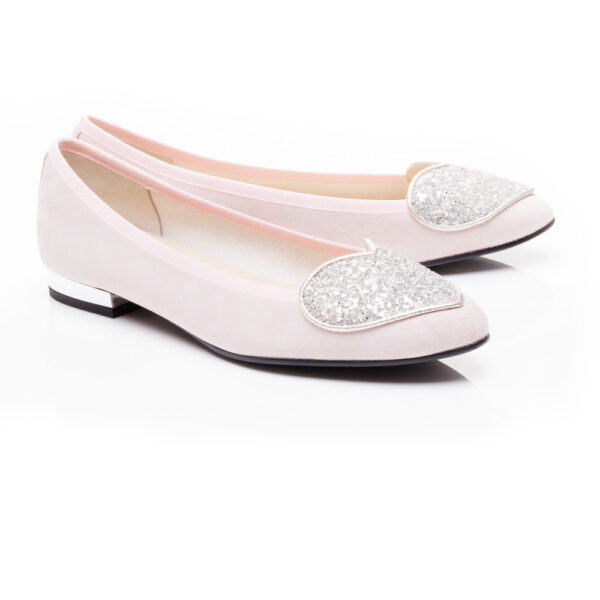 French Sole Love Heart Pink Suede Silver Glitter Heart (LH20)