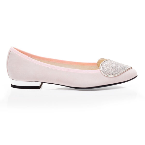 French Sole Love Heart Pink Suede Silver Glitter Heart (LH20)
