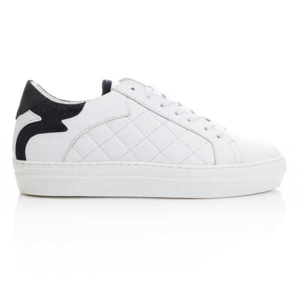 French Sole Moocher In White Quilted Leather/Navy Heel(MCH21)
