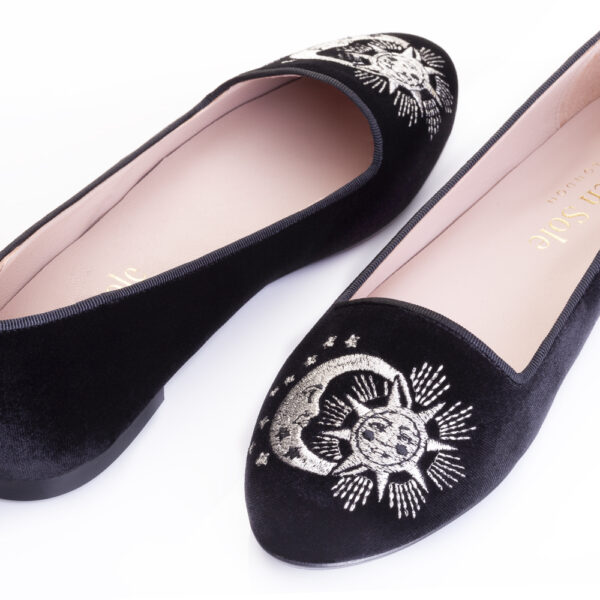French Sole Opera Slipper Black Velvet Silver Sun & Moon Embroidery (OPR17)