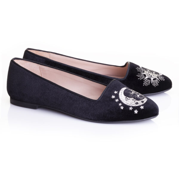 French Sole Opera Slipper Black Velvet Silver Sun & Moon Embroidery (OPR17)