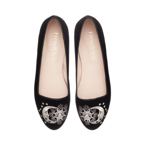 french sole Opera Slipper Black Velvet Silver Sun & Moon Embroidery (OPR17)