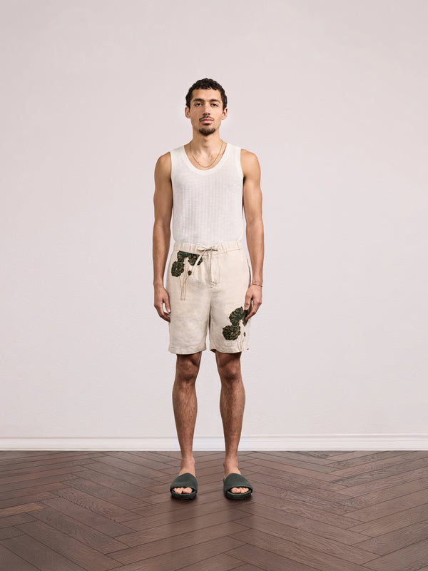 Frescobol Carioca FELIPE LINEN SHORTS Ecru & Evergreen