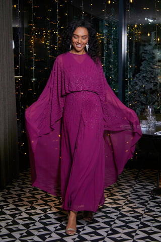 Frock & Frill Ada Boysenberry Embellished Cape Sleeve Maxi Dress