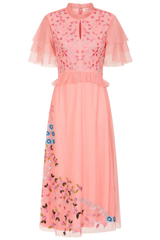 Frock & Frill Adara Pink Floral Embroidered Midi Dress