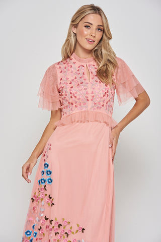 Frock & Frill Adara Pink Floral Embroidered Midi Dress