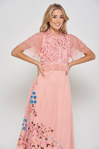 Frock & Frill Adara Pink Floral Embroidered Midi Dress