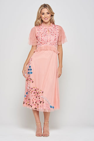 frock & frill Adara Pink Floral Embroidered Midi Dress
