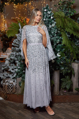 Frock & Frill Adeline Grey Cape Sleeve Sequin Maxi Dress