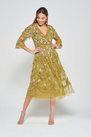 frock & frill Adira Willow Floral Sequin Ruffled Midi Dress