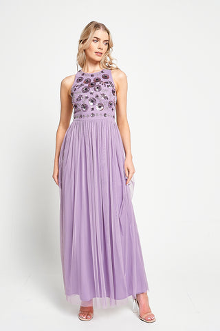Frock & Frill Aeris Lilac Floral Embellished Maxi Dress