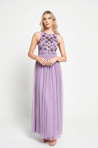 Frock & Frill Aeris Lilac Floral Embellished Maxi Dress
