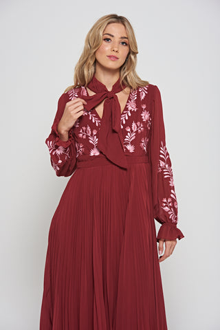 Frock & Frill Agatha Burgundy Floral Embroidered Midi Dress