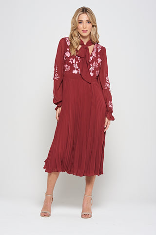 Frock & Frill Agatha Burgundy Floral Embroidered Midi Dress