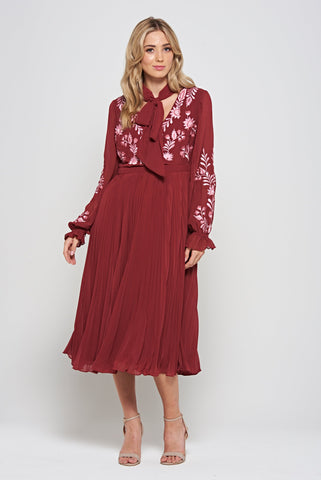 frock & frill Agatha Burgundy Floral Embroidered Midi Dress
