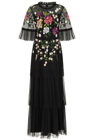 Frock & Frill Amanda Black Floral Embroidered Maxi Dress