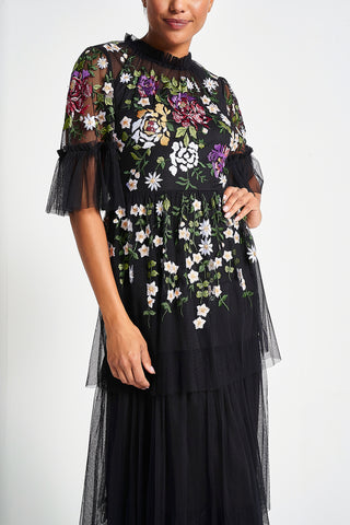 Frock & Frill Amanda Black Floral Embroidered Maxi Dress