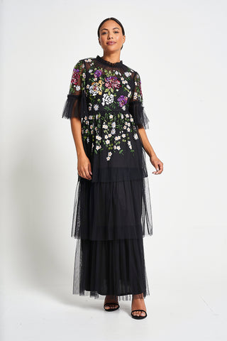 Frock & Frill Amanda Black Floral Embroidered Maxi Dress