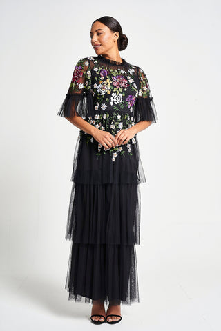 frock & frill Amanda Black Floral Embroidered Maxi Dress