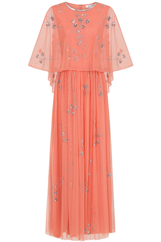 Frock & Frill Amarilis Coral Embellished Cape Detail Maxi Dress