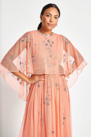 Frock & Frill Amarilis Coral Embellished Cape Detail Maxi Dress