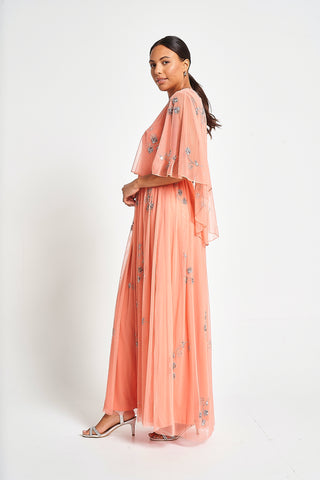 Frock & Frill Amarilis Coral Embellished Cape Detail Maxi Dress