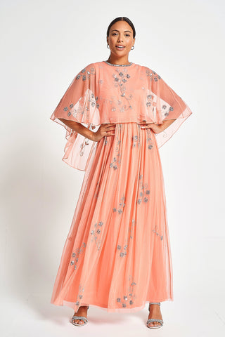 frock & frill Amarilis Coral Embellished Cape Detail Maxi Dress