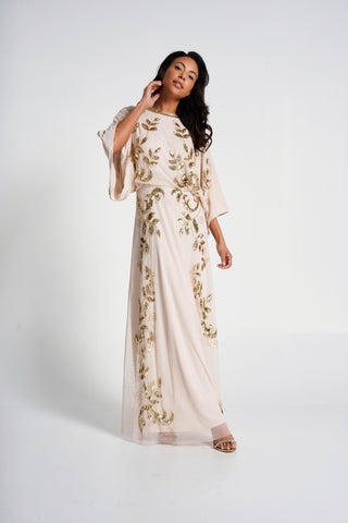 Frock & Frill Ambretta Leaf Embellished Maxi Dress With Batwing Sleeves