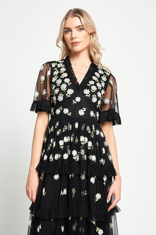 Frock & Frill Amy Black Floral Embroidered Midi Dress
