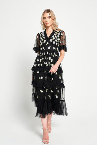 Frock & Frill Amy Black Floral Embroidered Midi Dress