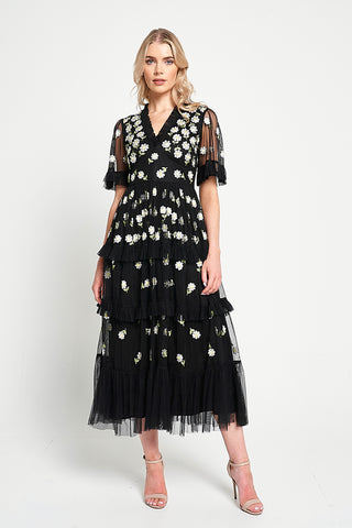 frock & frill Amy Black Floral Embroidered Midi Dress