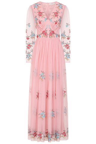 Frock & Frill Anara Pink Floral Embroidered Maxi Dress