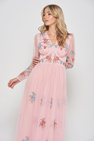 Frock & Frill Anara Pink Floral Embroidered Maxi Dress